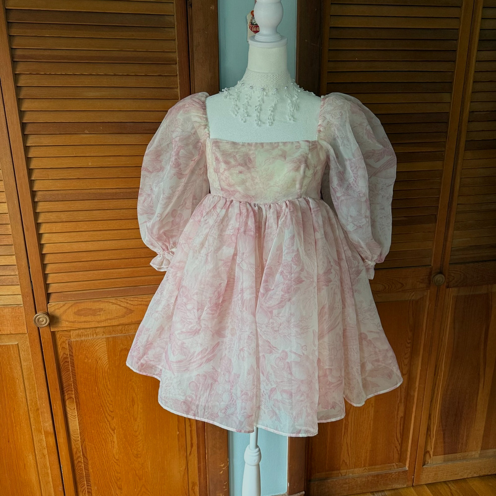 Selkie Cottagecore Romantic Fairycore Pink Floral Puff Sleeve Dress S